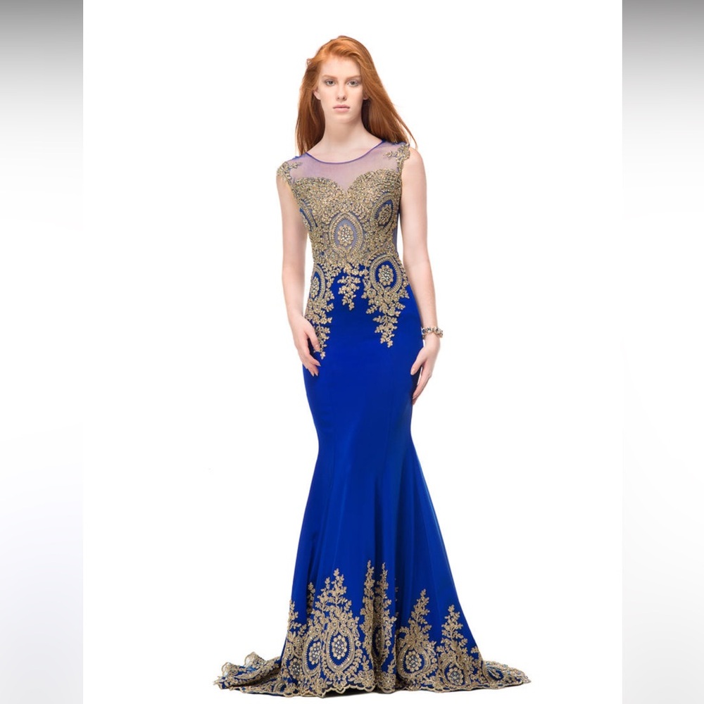 Royal Blue Gold Mermaid Prom Dress Size 4 Formal Gown With Train NWT
